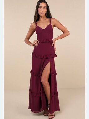 NWT Lulus plum bustier tiered ruffle maxi dress